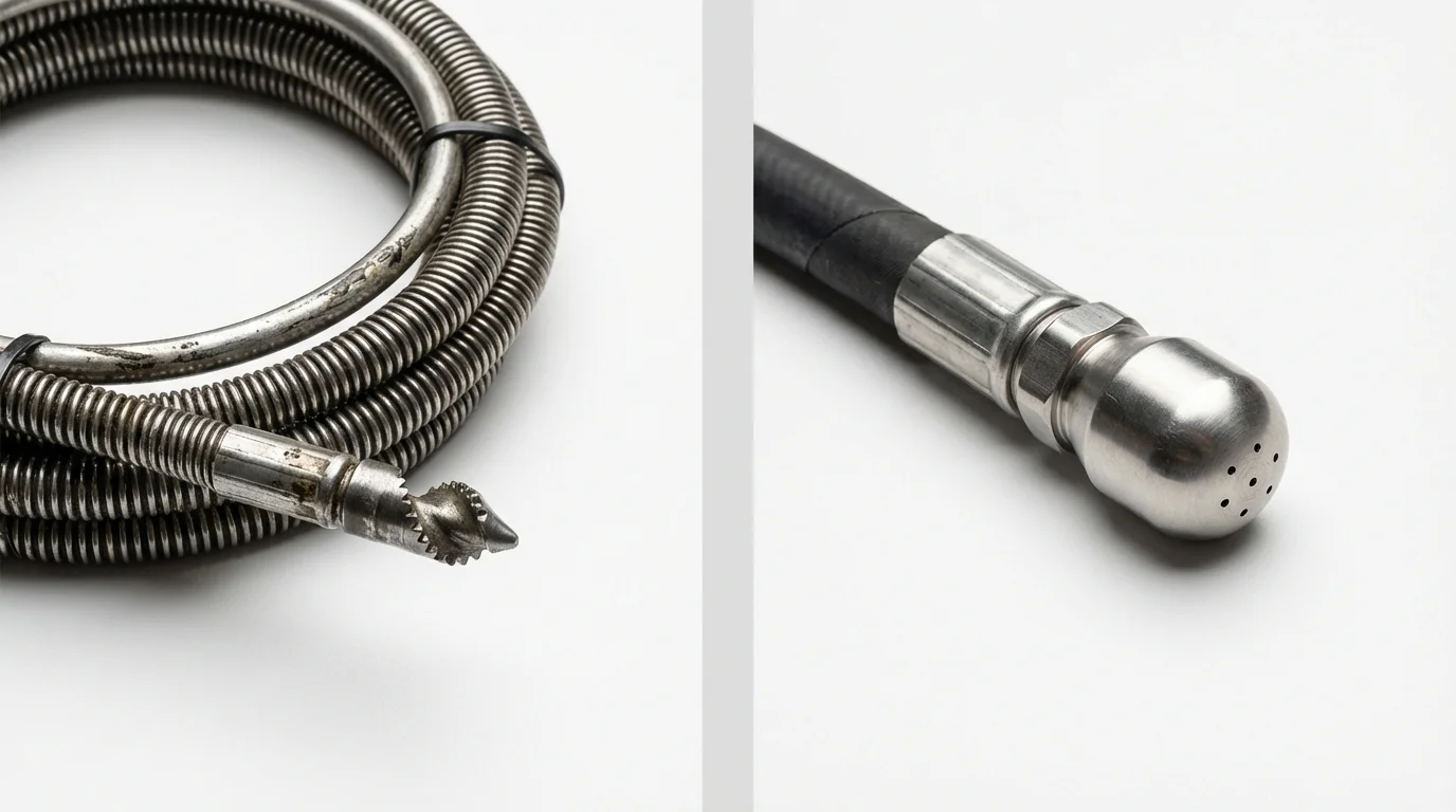 Drain snake cable and hydro jetting nozzle used for drain cleaning in Victoria, KS