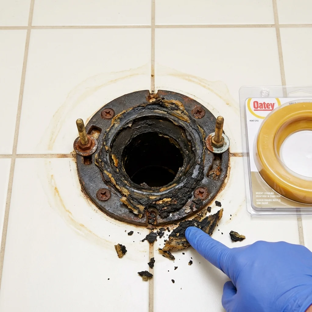 Failed wax ring showing water seepage at the base of a toilet in a Victoria, KS home