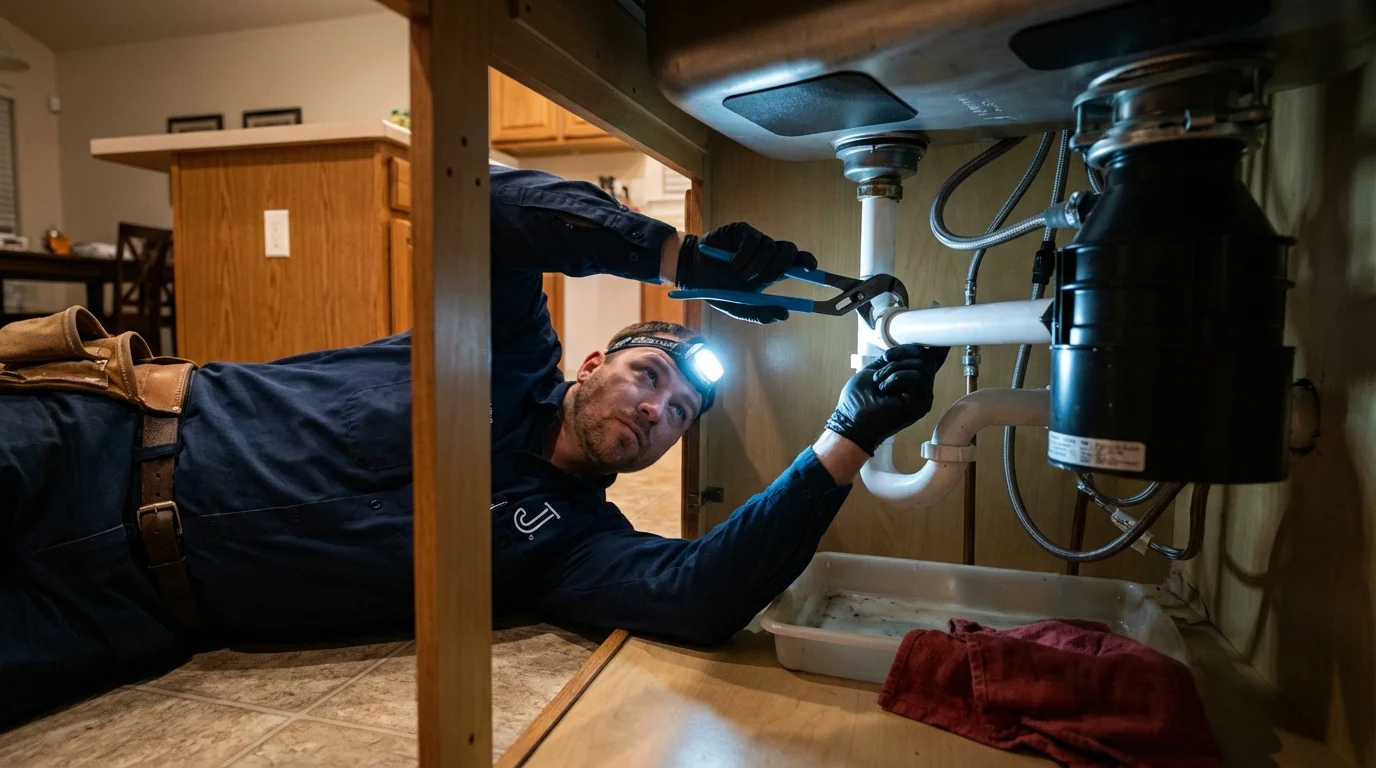 P-trap and supply line connections under a kitchen sink showing a common leak point in Victoria, KS